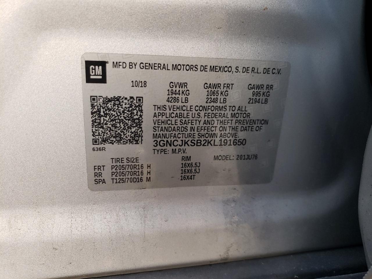 Photo 10 from auction – 2019 CHEVROLET TRAX LS with VIN 3GNCJKSB2KL191650