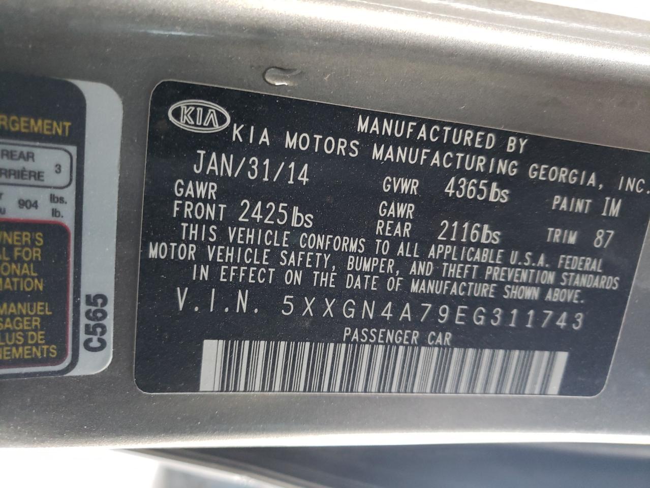 Photo 11 from auction – 2014 KIA OPTIMA EX with VIN 5XXGN4A79EG311743