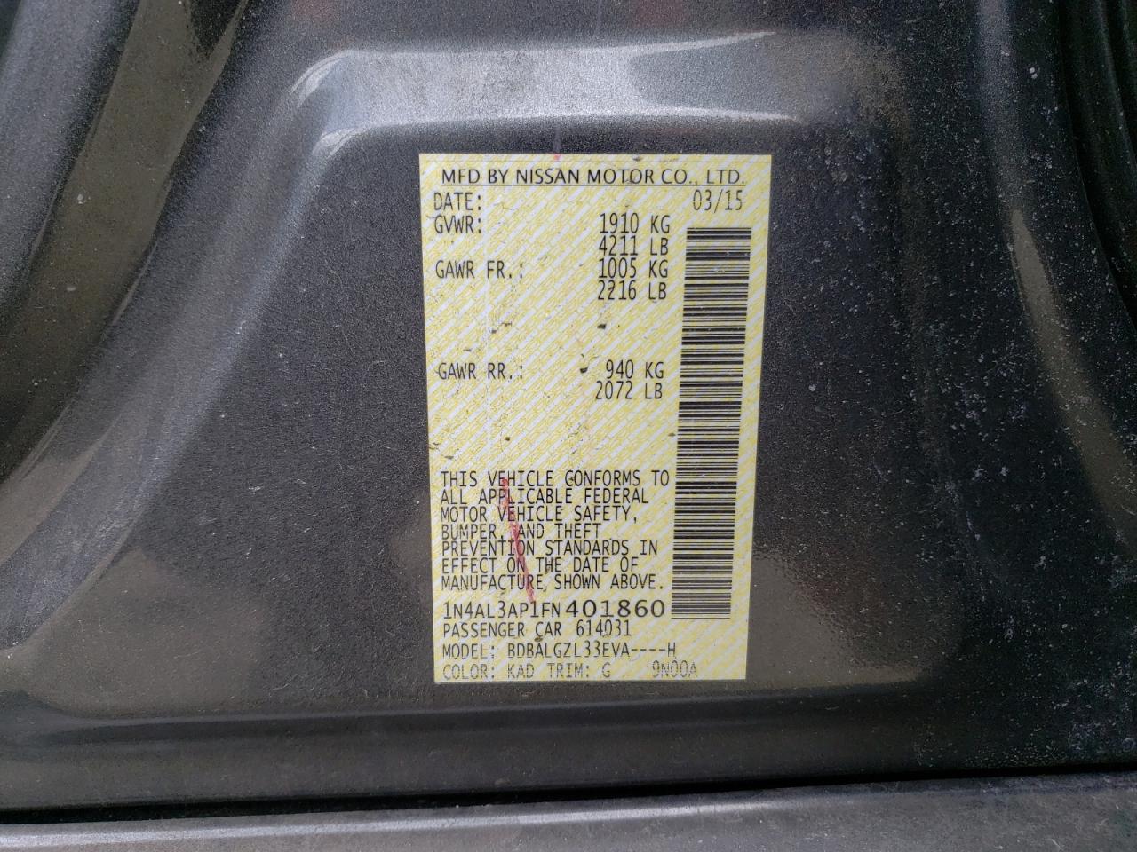 Photo 10 from auction – 2015 NISSAN ALTIMA 2.5 with VIN 1N4AL3AP1FN401860