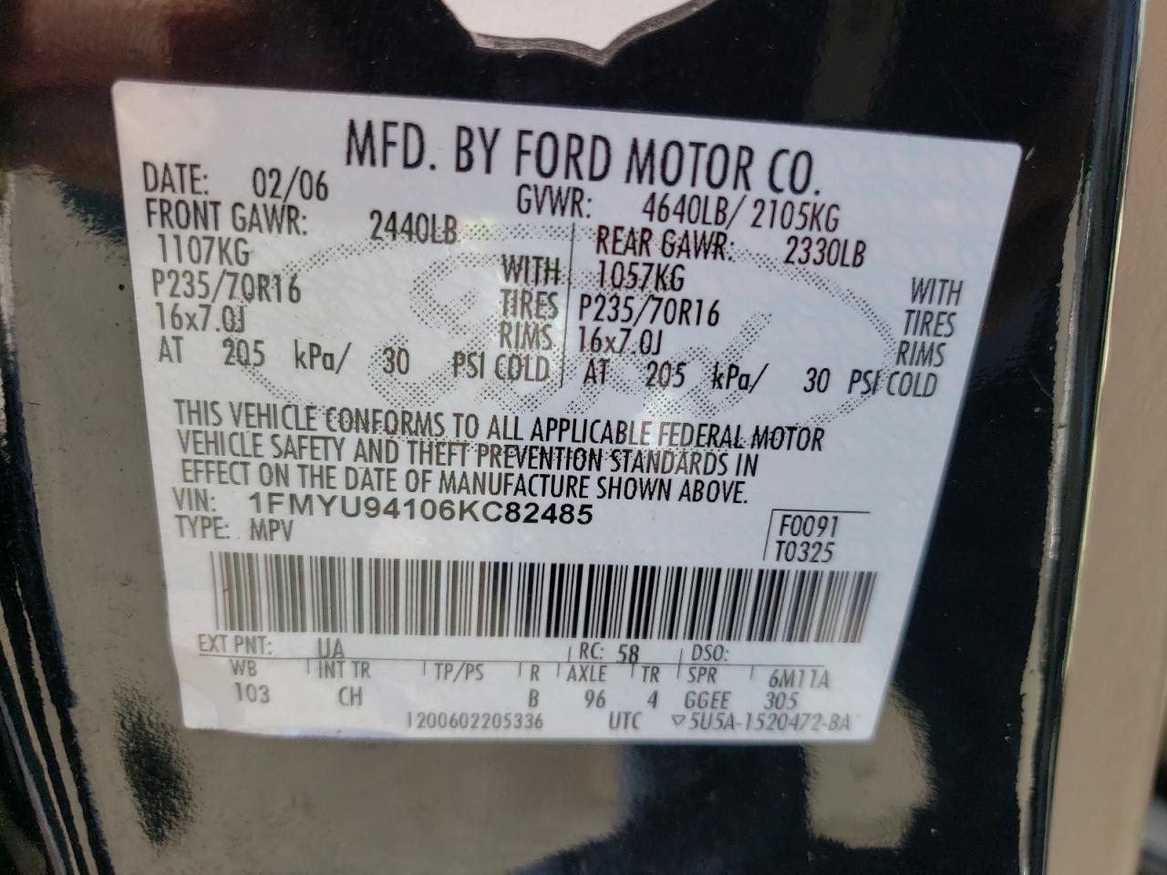 Photo 10 from auction – 2006 FORD ESCAPE LIM with VIN 1FMYU94106KC82485