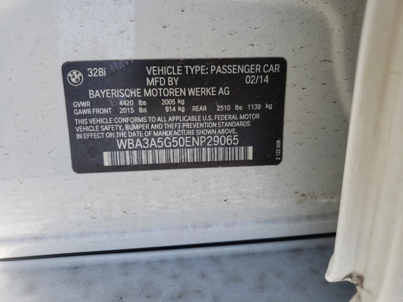 Photo 10 from auction – 2014 BMW 328 I with VIN WBA3A5G50ENP29065