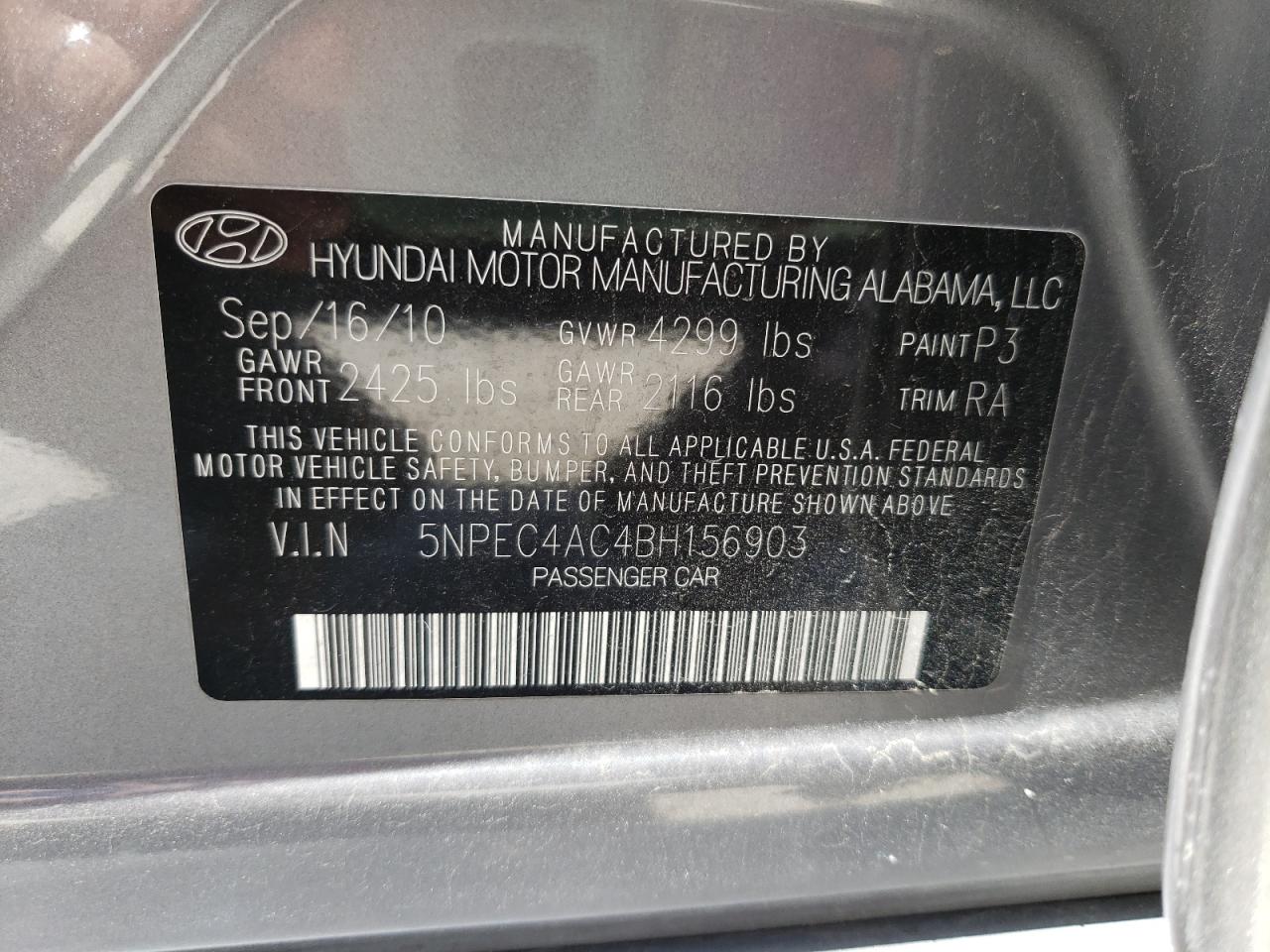 Photo 10 from auction – 2011 HYUNDAI SONATA SE with VIN 5NPEC4AC4BH156903