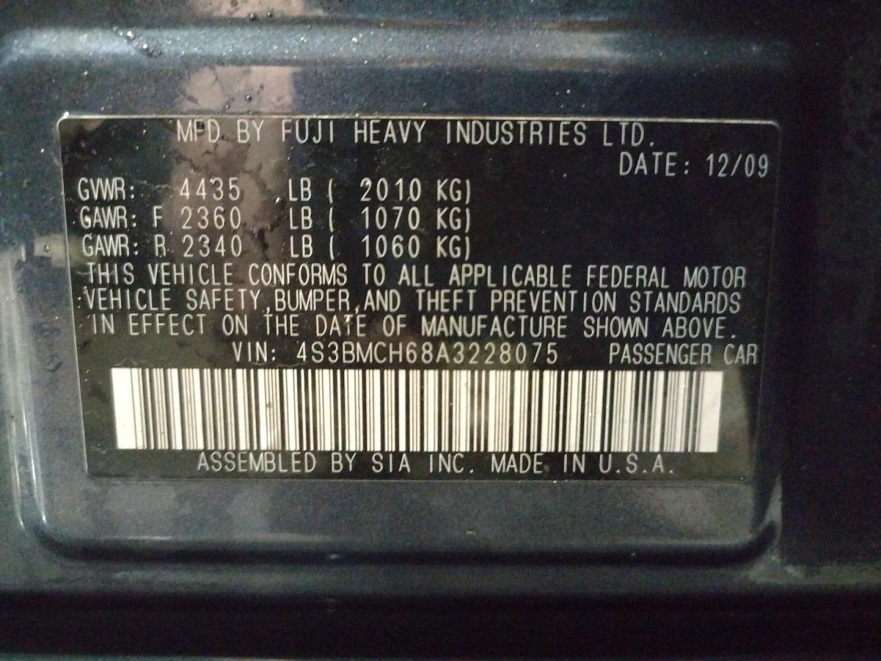 Photo 10 from auction – 2010 SUBARU LEGACY 2.5 with VIN 4S3BMCH68A3228075