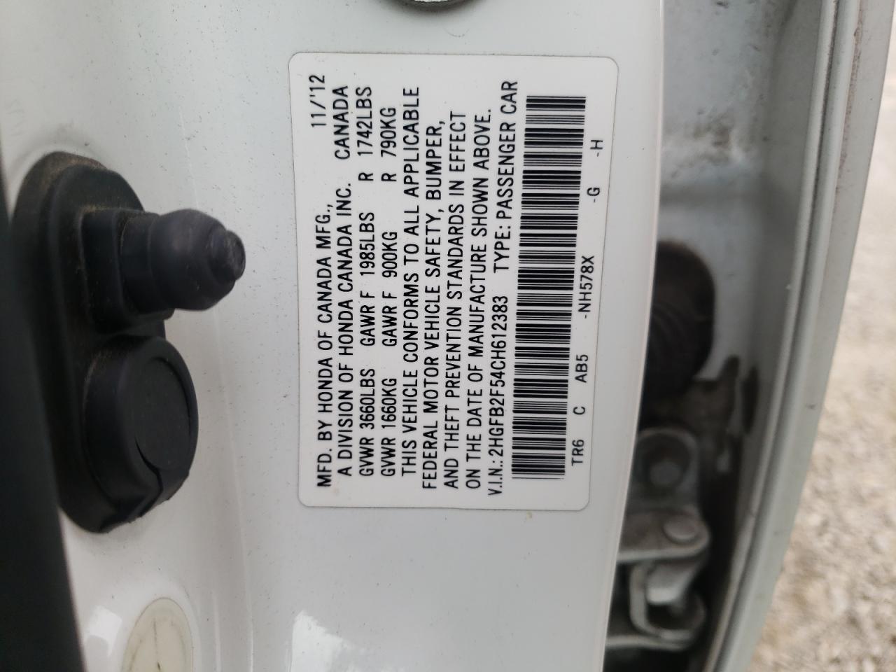 Photo 10 from auction – 2012 HONDA CIVIC LX with VIN 2HGFB2F54CH612383