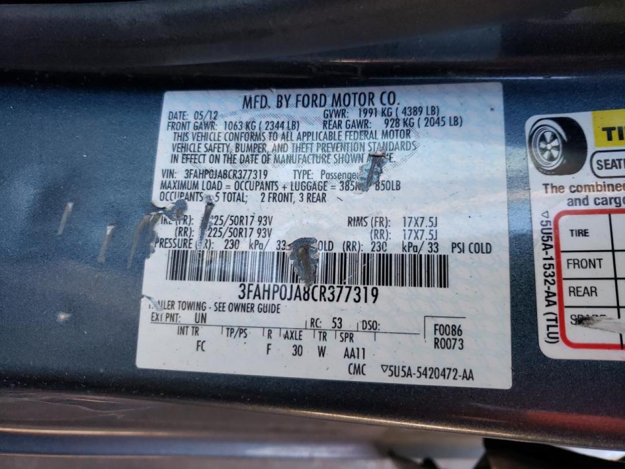 Photo 10 from auction – 2012 FORD FUSION SEL with VIN 3FAHP0JA8CR377319