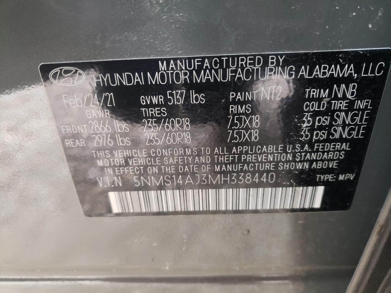 Photo 10 from auction – 2021 HYUNDAI SANTA FE S with VIN 5NMS14AJ3MH338440