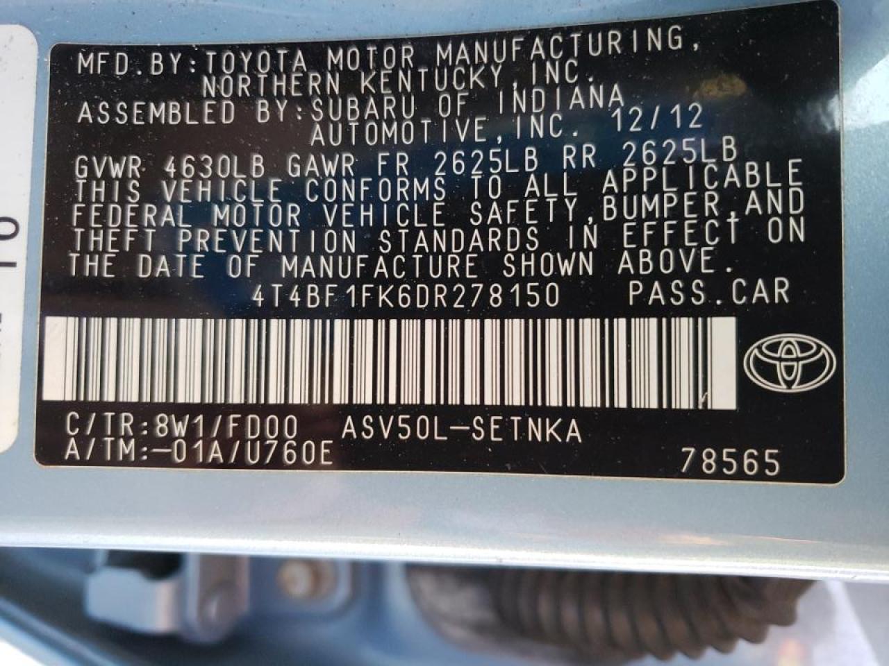 Photo 10 from auction – 2013 TOYOTA CAMRY LE with VIN 4T4BF1FK6DR278150