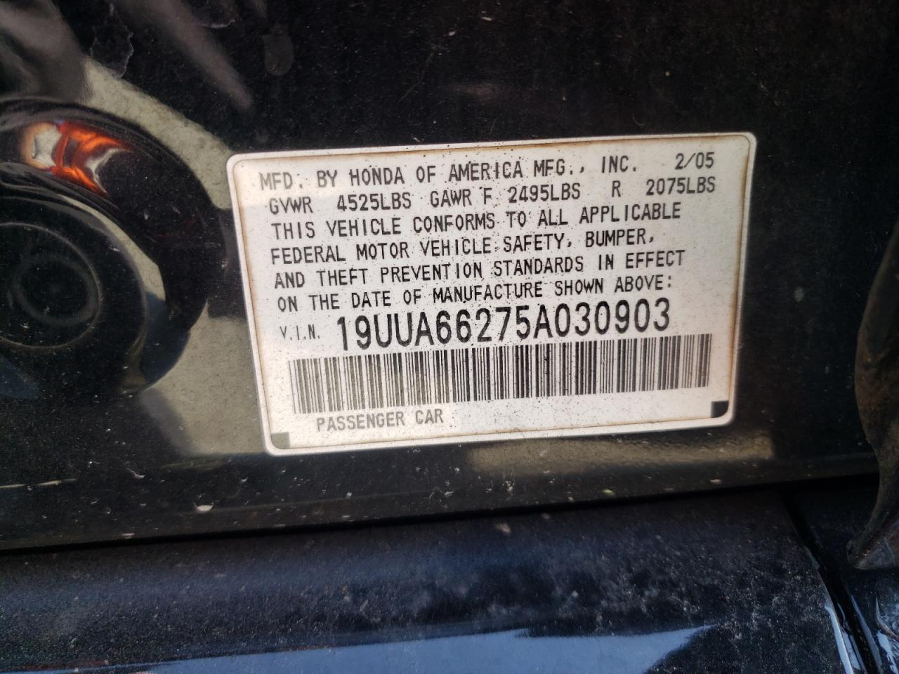 Photo 10 from auction – 2005 ACURA TL with VIN 19UUA66275A030903