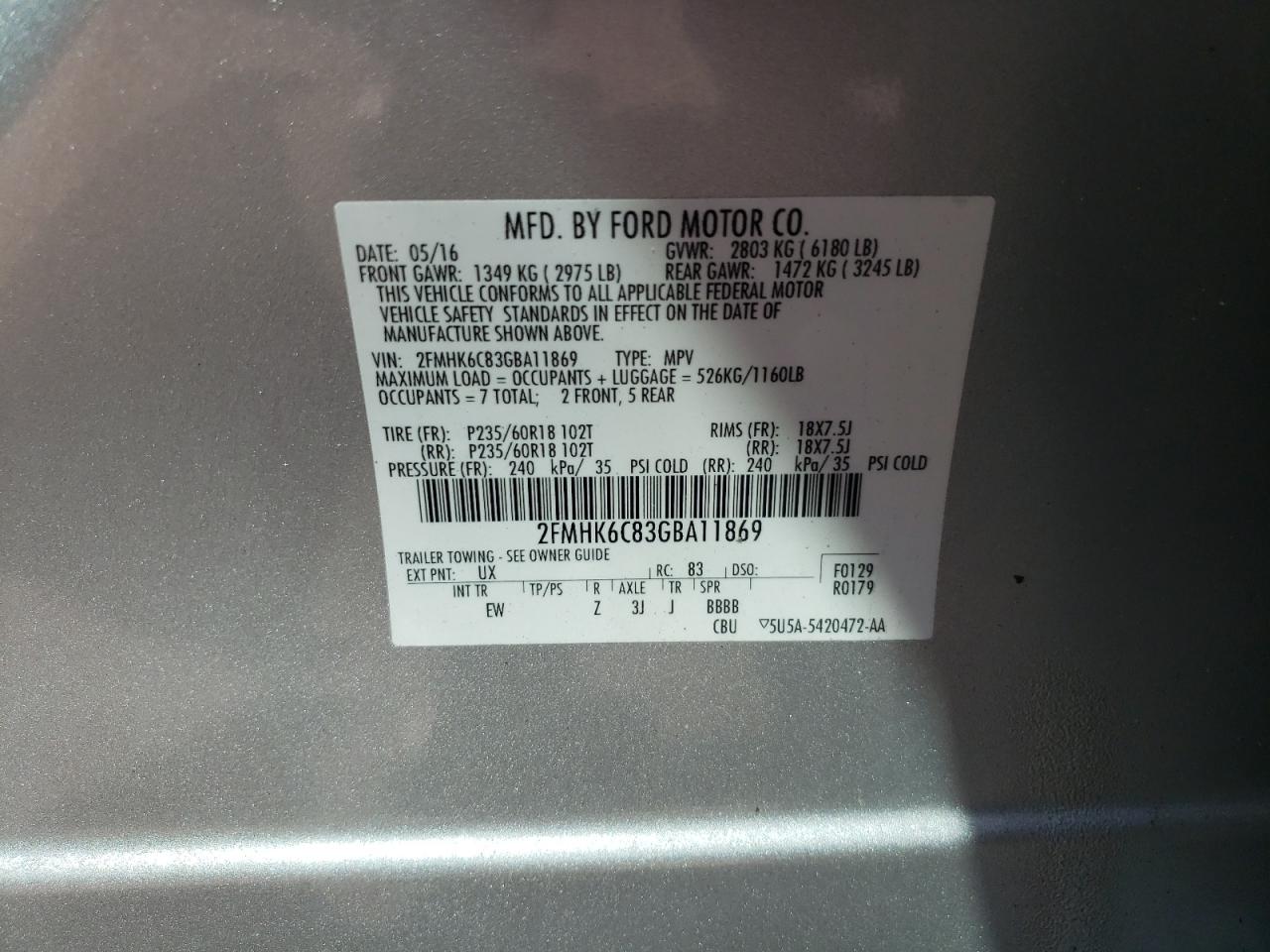 Photo 10 from auction – 2016 FORD FLEX SEL with VIN 2FMHK6C83GBA11869