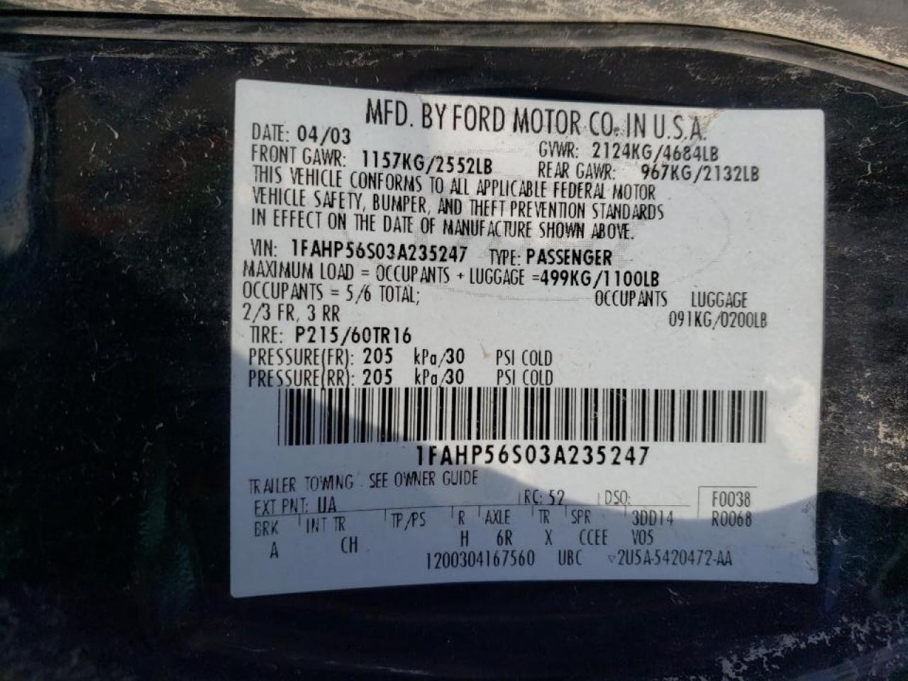 Photo 10 from auction – 2003 FORD TAURUS SEL with VIN 1FAHP56S03A235247