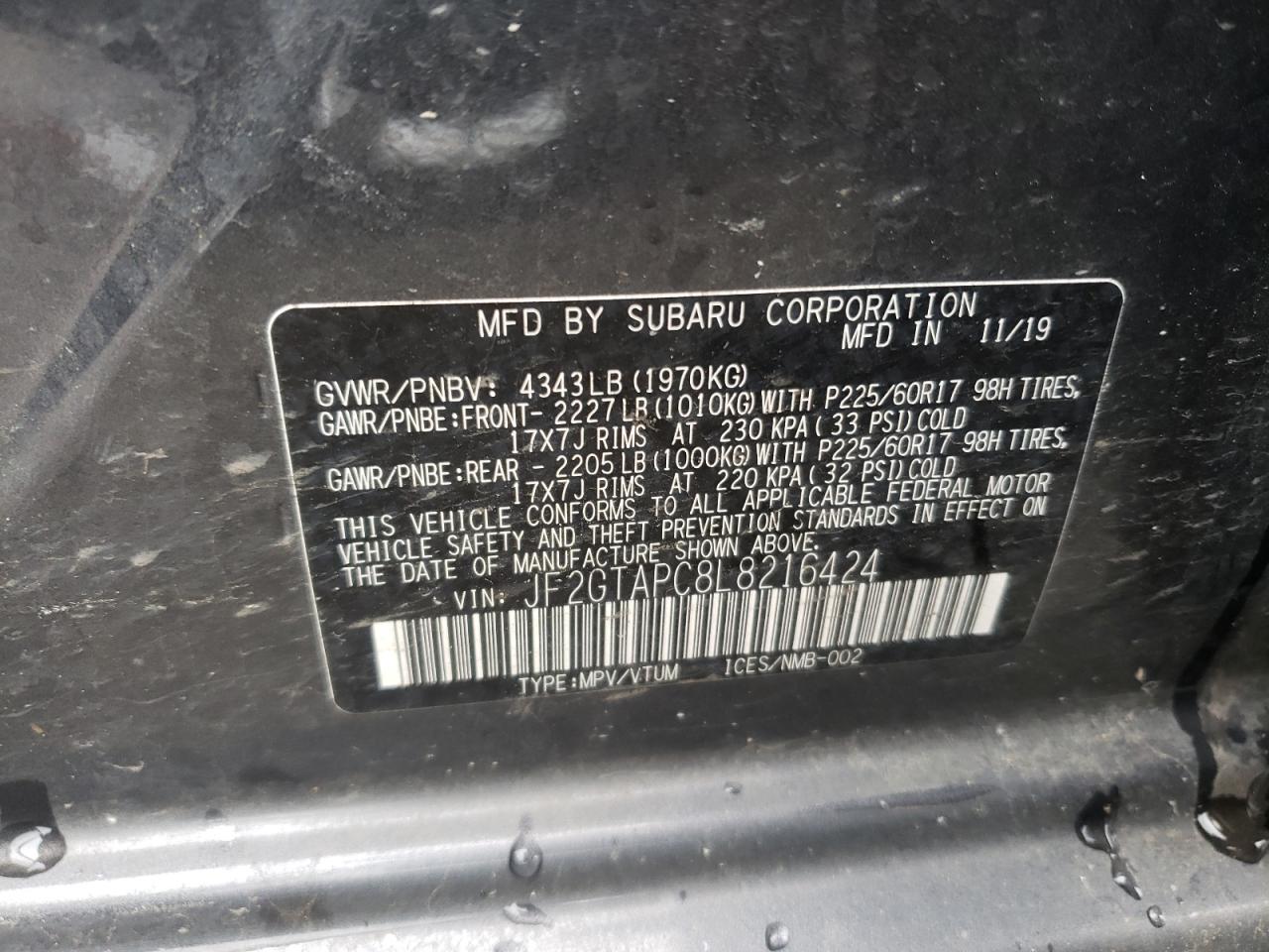 Photo 10 from auction – 2020 SUBARU CROSSTREK with VIN JF2GTAPC8L8216424