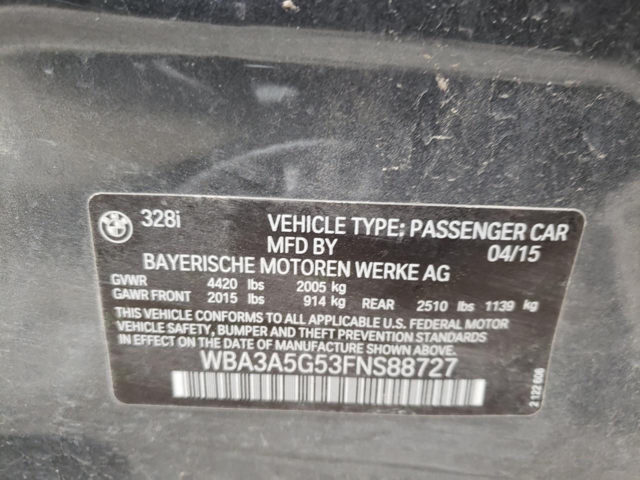 Photo 10 from auction – 2015 BMW 328 I with VIN WBA3A5G53FNS88727