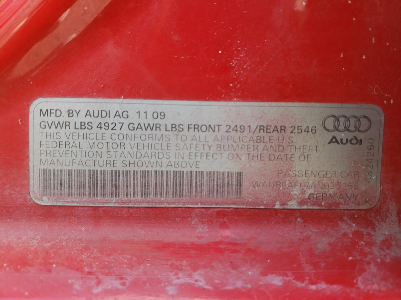 Photo 10 from auction – 2010 AUDI A4 PREMIUM with VIN WAUBFAFL7AN035165