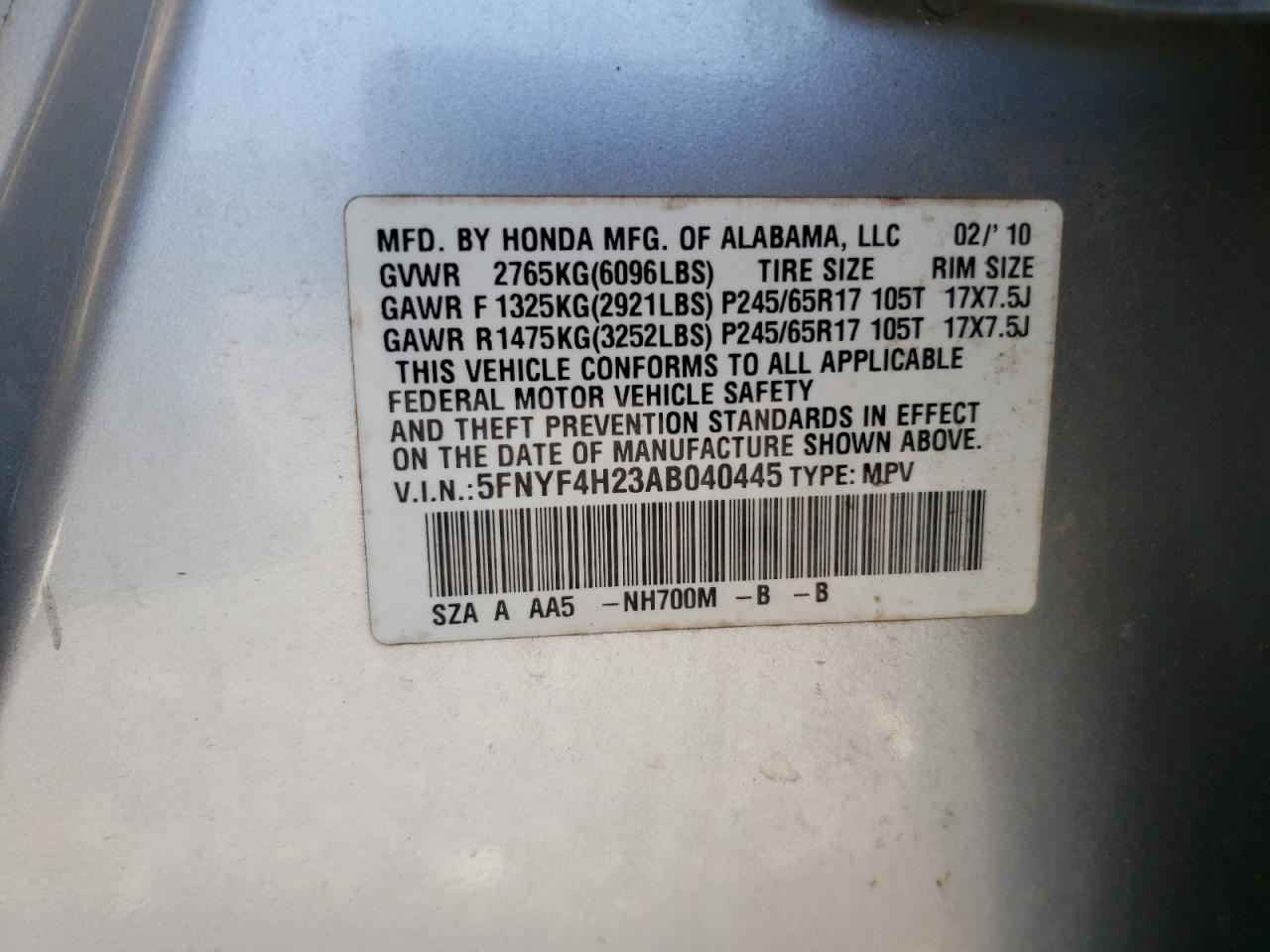 Photo 10 from auction – 2010 HONDA PILOT LX with VIN 5FNYF4H23AB040445