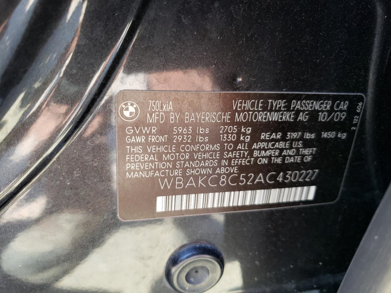 Photo 10 from auction – 2010 BMW 750 LI XDR with VIN WBAKC8C52AC430227