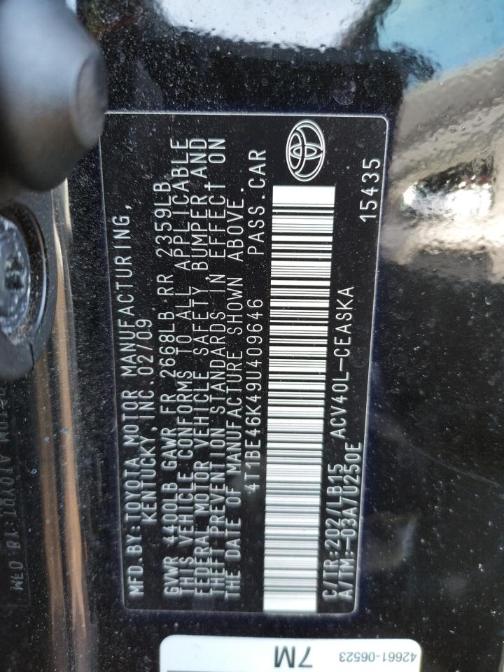Photo 10 from auction – 2009 TOYOTA CAMRY BASE with VIN 4T1BE46K49U409646