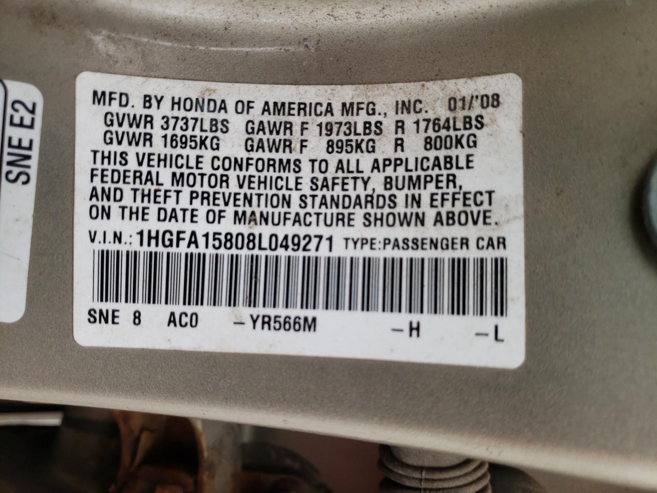 Photo 10 from auction – 2008 HONDA CIVIC EX with VIN 1HGFA15808L049271