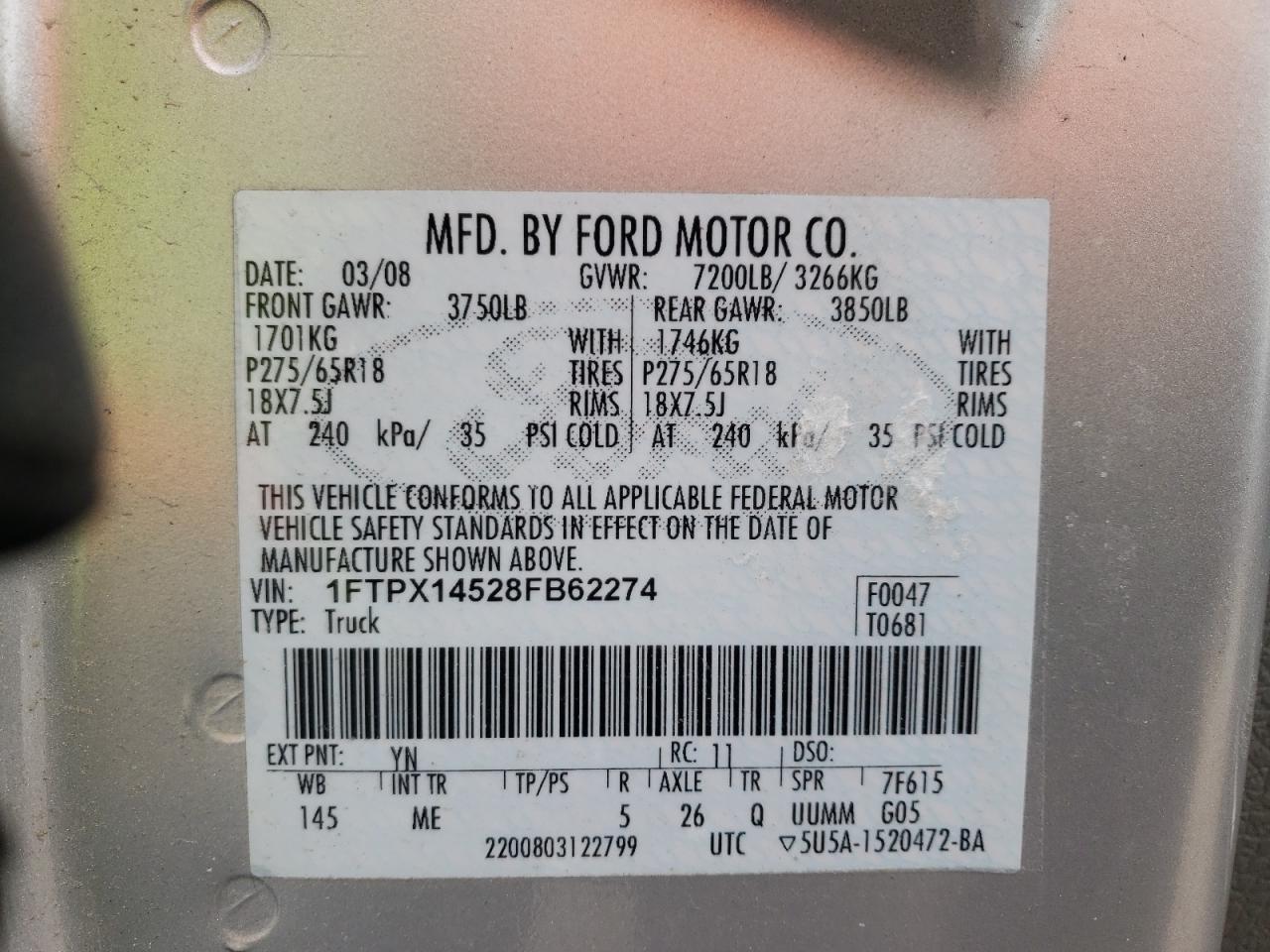 Photo 10 from auction – 2008 FORD F150 with VIN 1FTPX14528FB62274