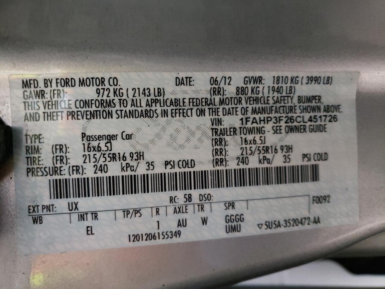 Photo 10 from auction – 2012 FORD FOCUS with VIN 1FAHP3F26CL451726