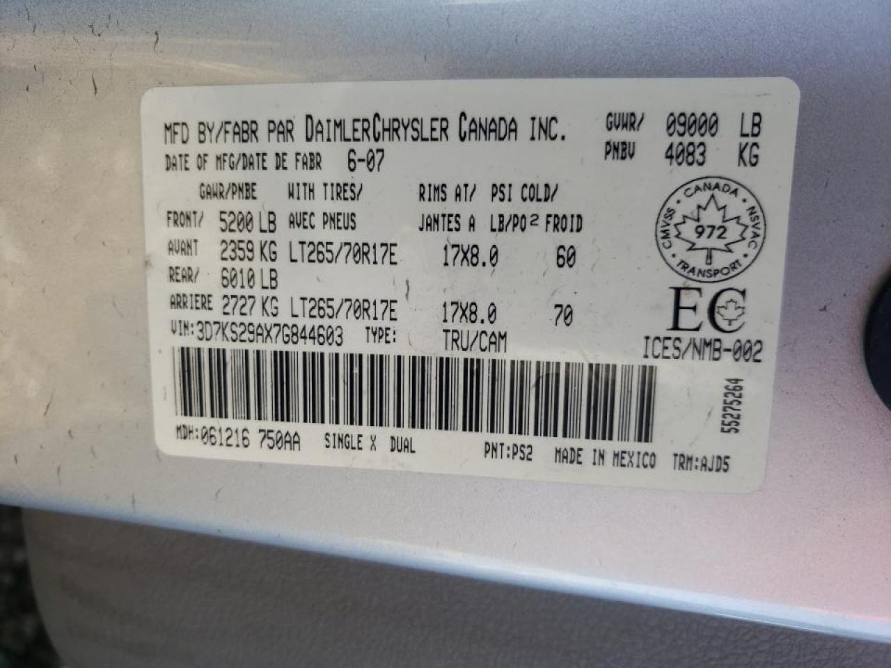 Photo 10 from auction – 2007 DODGE RAM 2500 with VIN 3D7KS29AX7G844603