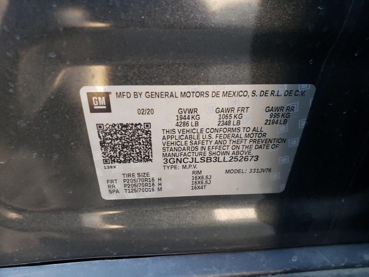 Photo 10 from auction – 2020 CHEVROLET TRAX 1LT with VIN 3GNCJLSB3LL252673