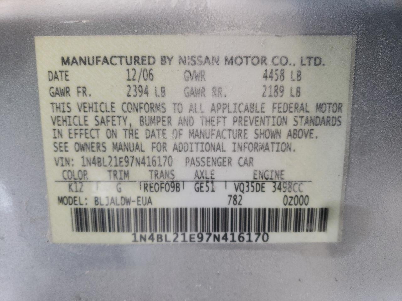 Photo 10 from auction – 2007 NISSAN ALTIMA 3.5 with VIN 1N4BL21E97N416170