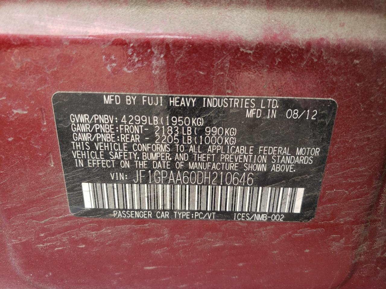 Photo 10 from auction – 2013 SUBARU IMPREZA with VIN JF1GPAA60DH210646