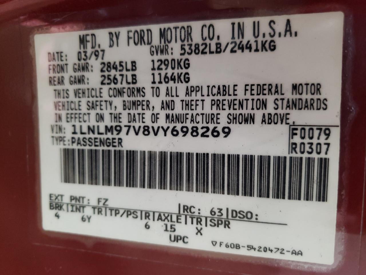Photo 10 from auction – 1997 LINCOLN CONTINENTA with VIN 1LNLM97V8VY698269
