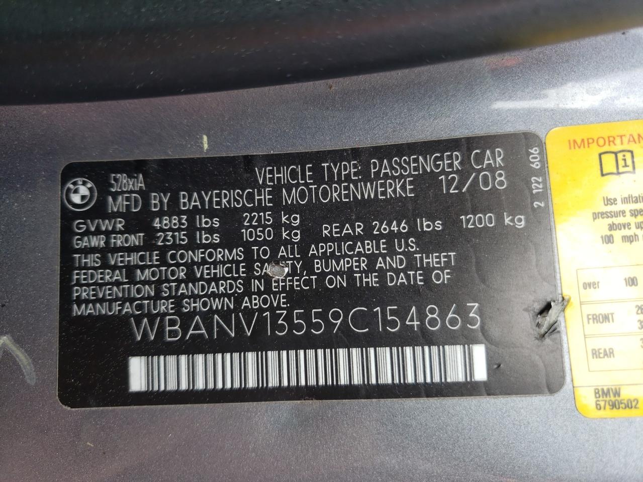 Photo 10 from auction – 2009 BMW 528 XI with VIN WBANV13559C154863