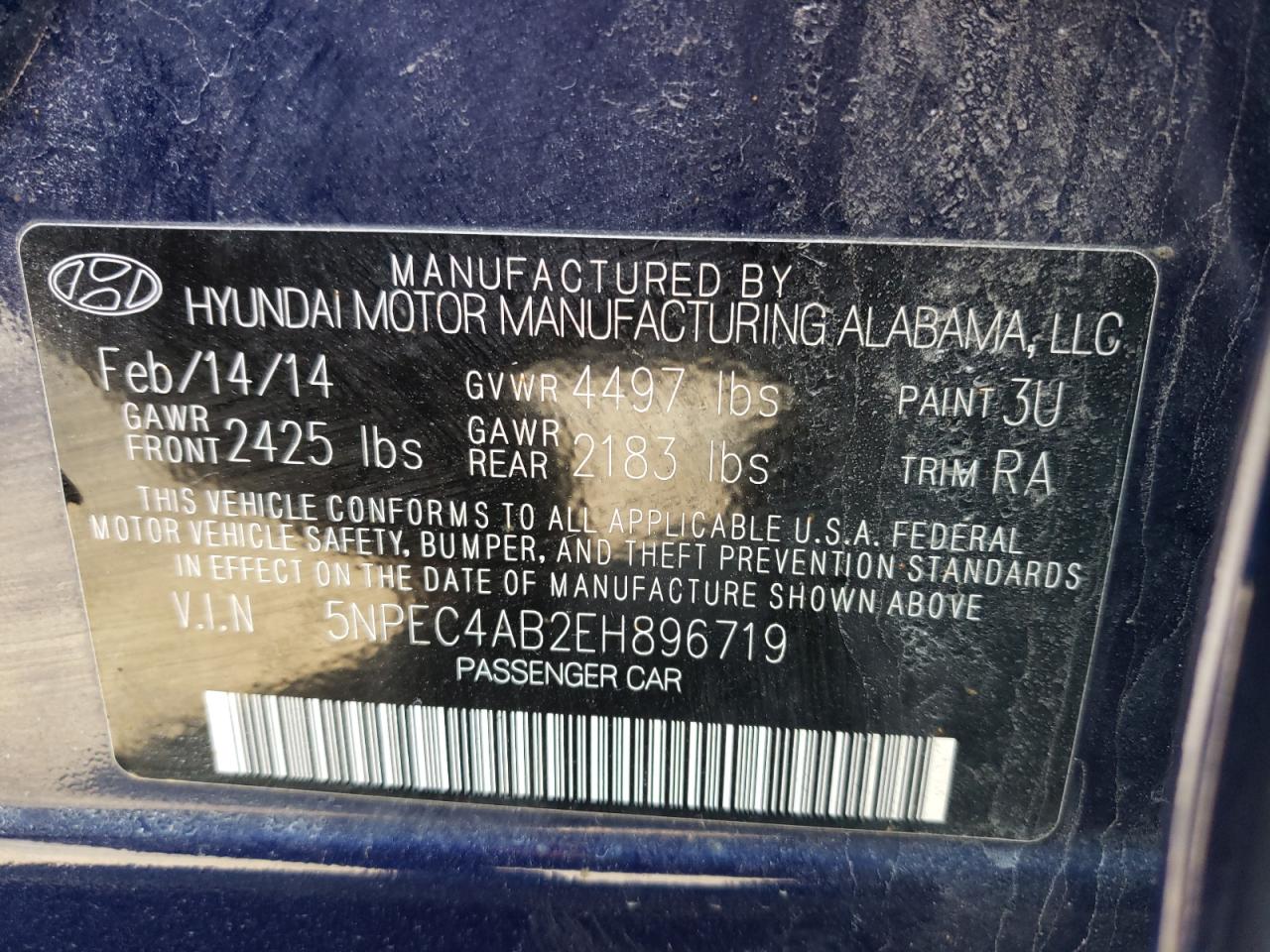 Photo 10 from auction – 2014 HYUNDAI SONATA SE with VIN 5NPEC4AB2EH896719