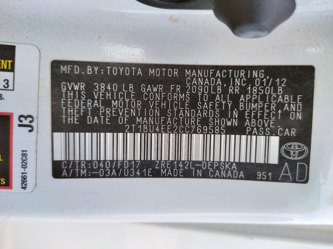 Photo 10 from auction – 2012 TOYOTA COROLLA BA with VIN 2T1BU4EE2CC769585