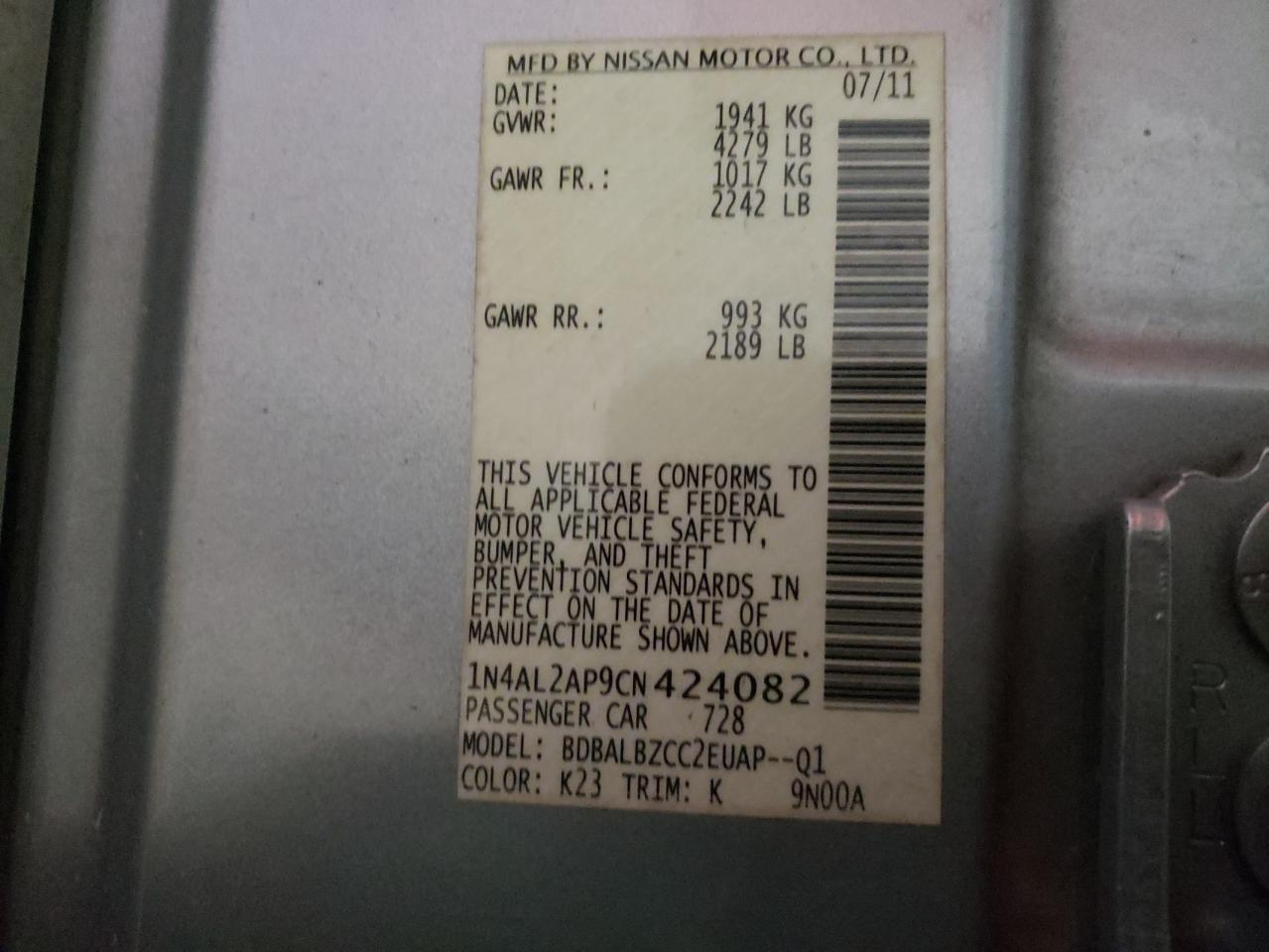 Photo 10 from auction – 2012 NISSAN ALTIMA BAS with VIN 1N4AL2AP9CN424082