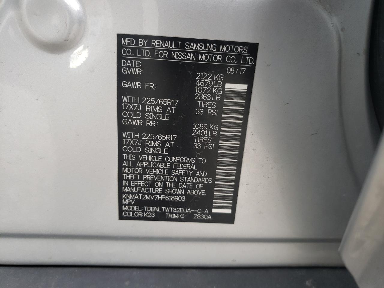 Photo 10 from auction – 2017 NISSAN ROGUE S with VIN KNMAT2MV7HP618903