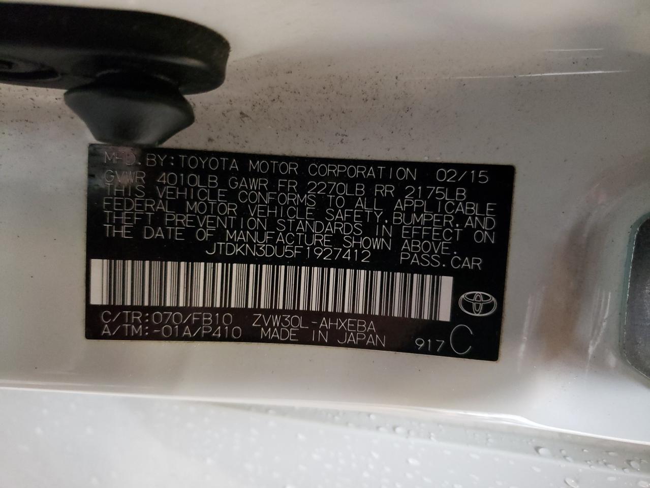 Photo 10 from auction – 2015 TOYOTA PRIUS with VIN JTDKN3DU5F1927412