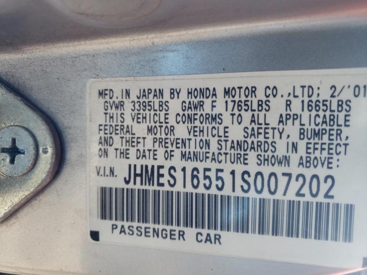 Photo 10 from auction – 2001 HONDA CIVIC LX with VIN JHMES16551S007202