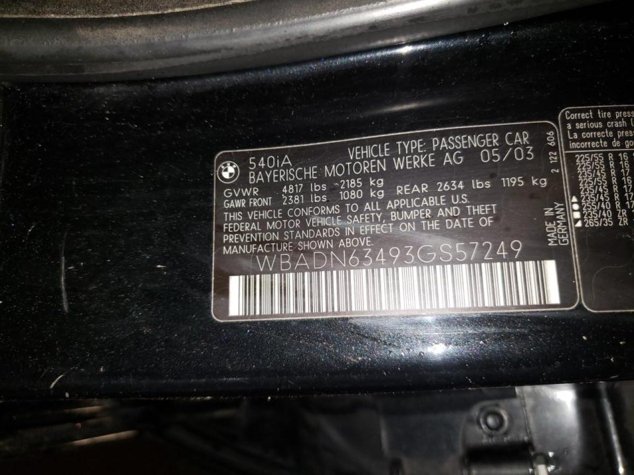 Photo 10 from auction – 2003 BMW 540 I AUTO with VIN WBADN63493GS57249