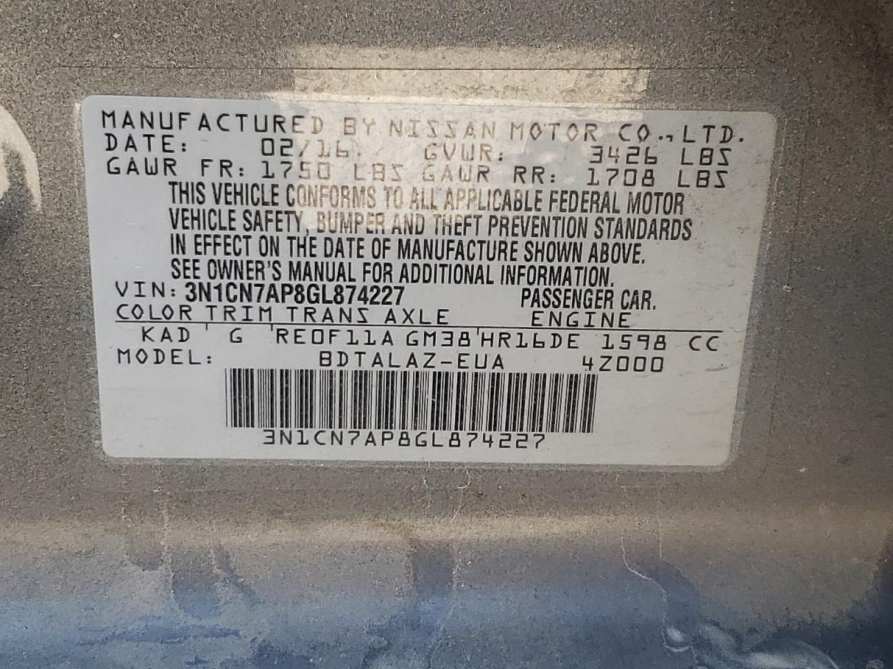 Photo 10 from auction – 2016 NISSAN VERSA S with VIN 3N1CN7AP8GL874227