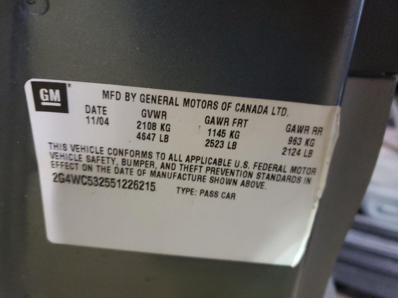 Photo 10 from auction – 2005 BUICK LACROSSE C with VIN 2G4WC532551226215