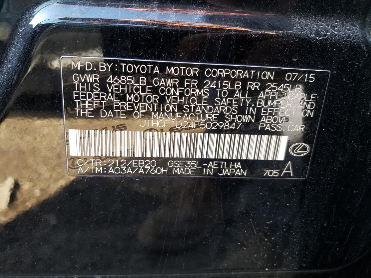 Photo 10 from auction – 2015 LEXUS IS 250 with VIN JTHCF1D24F5029847