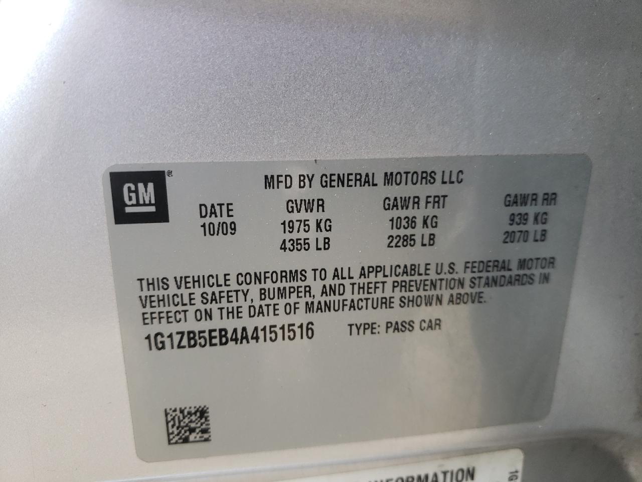 Photo 10 from auction – 2010 CHEVROLET MALIBU LS with VIN 1G1ZB5EB4A4151516