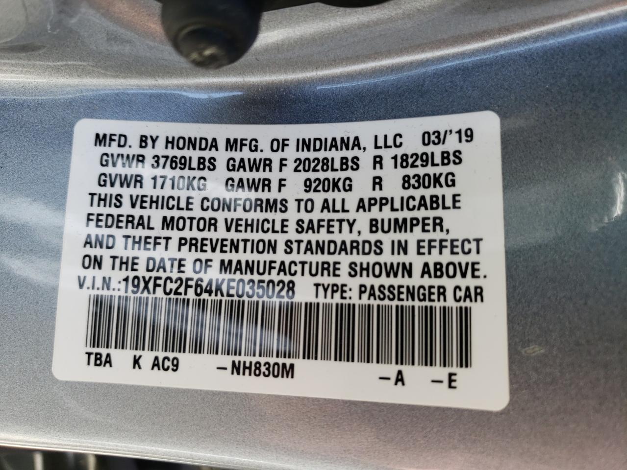 Photo 10 from auction – 2019 HONDA CIVIC with VIN 19XFC2F64KE035028