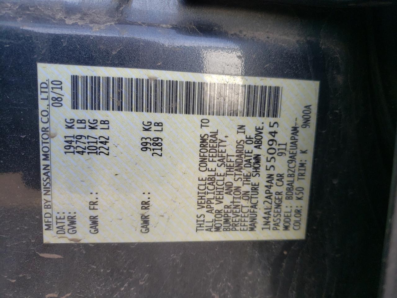 Photo 10 from auction – 2010 NISSAN ALTIMA with VIN 1N4AL2AP4AN550945