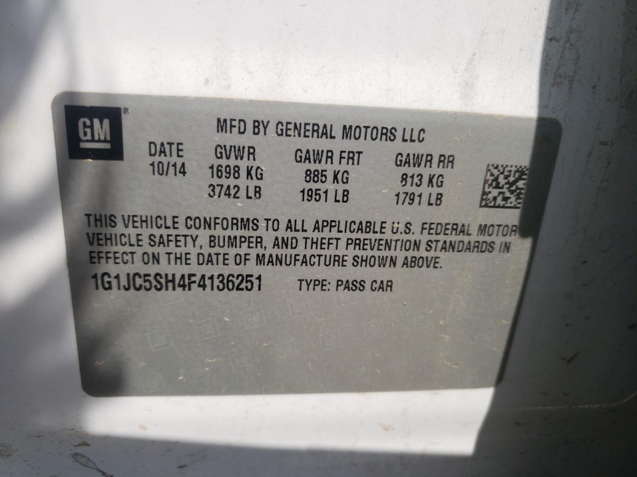 Photo 10 from auction – 2015 CHEVROLET SONIC LT with VIN 1G1JC5SH4F4136251