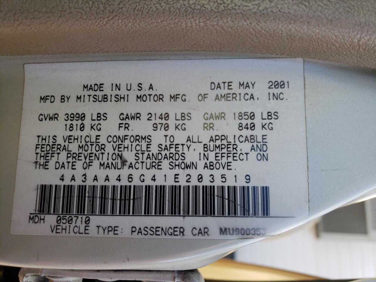 Photo 10 from auction – 2001 MITSUBISHI GALANT ES with VIN 4A3AA46G41E203519