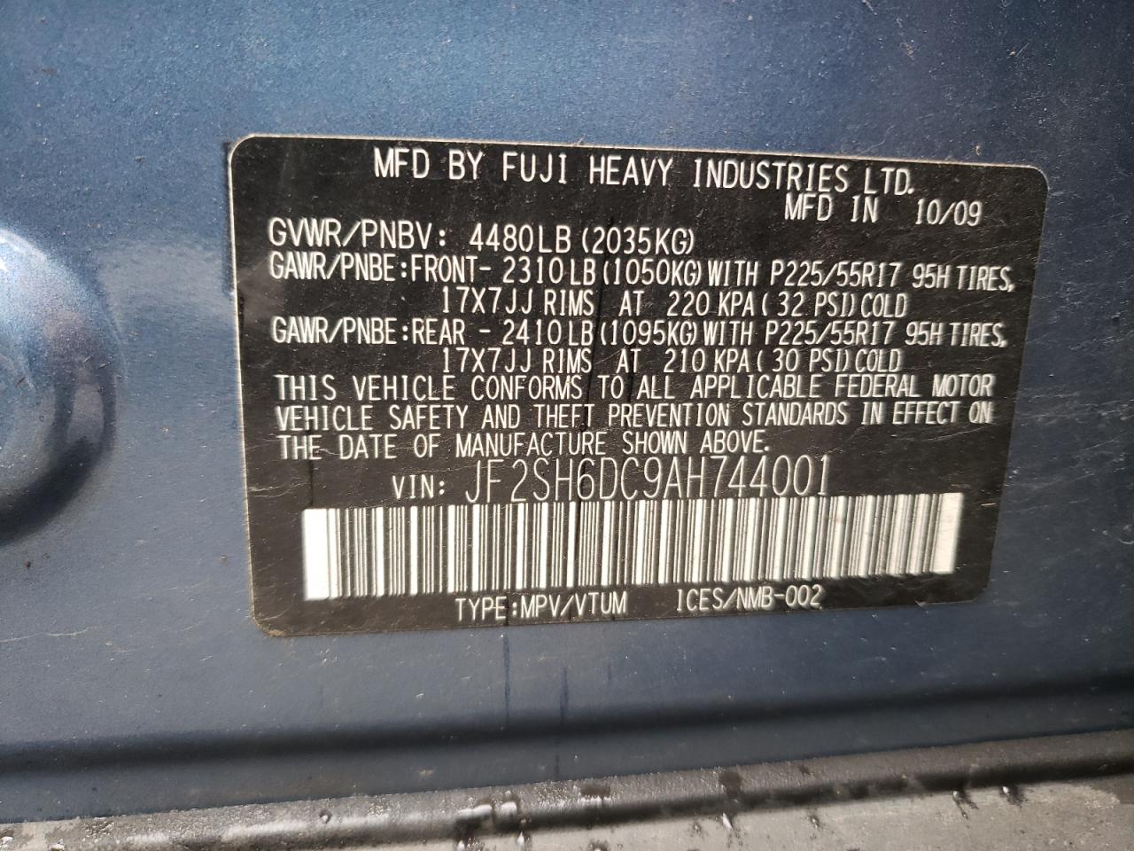 Photo 10 from auction – 2010 SUBARU FORESTER 2 with VIN JF2SH6DC9AH744001