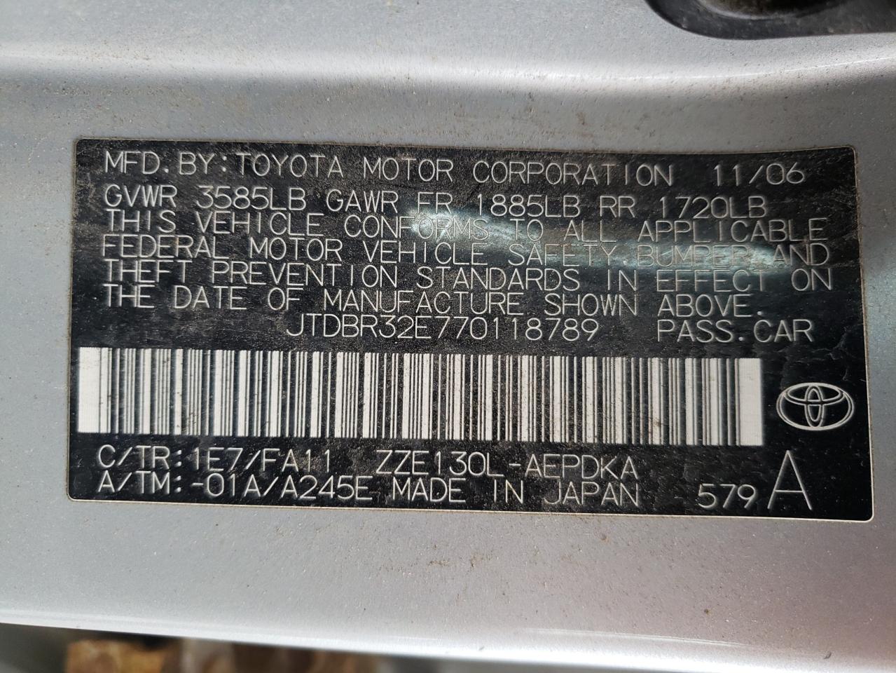 Photo 10 from auction – 2007 TOYOTA COROLLA CE with VIN JTDBR32E770118789