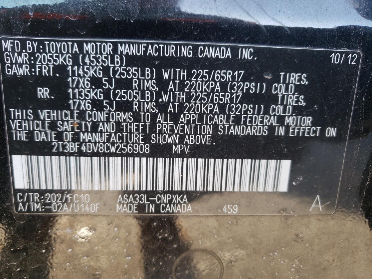 Photo 10 from auction – 2012 TOYOTA RAV4 with VIN 2T3BF4DV8CW256908