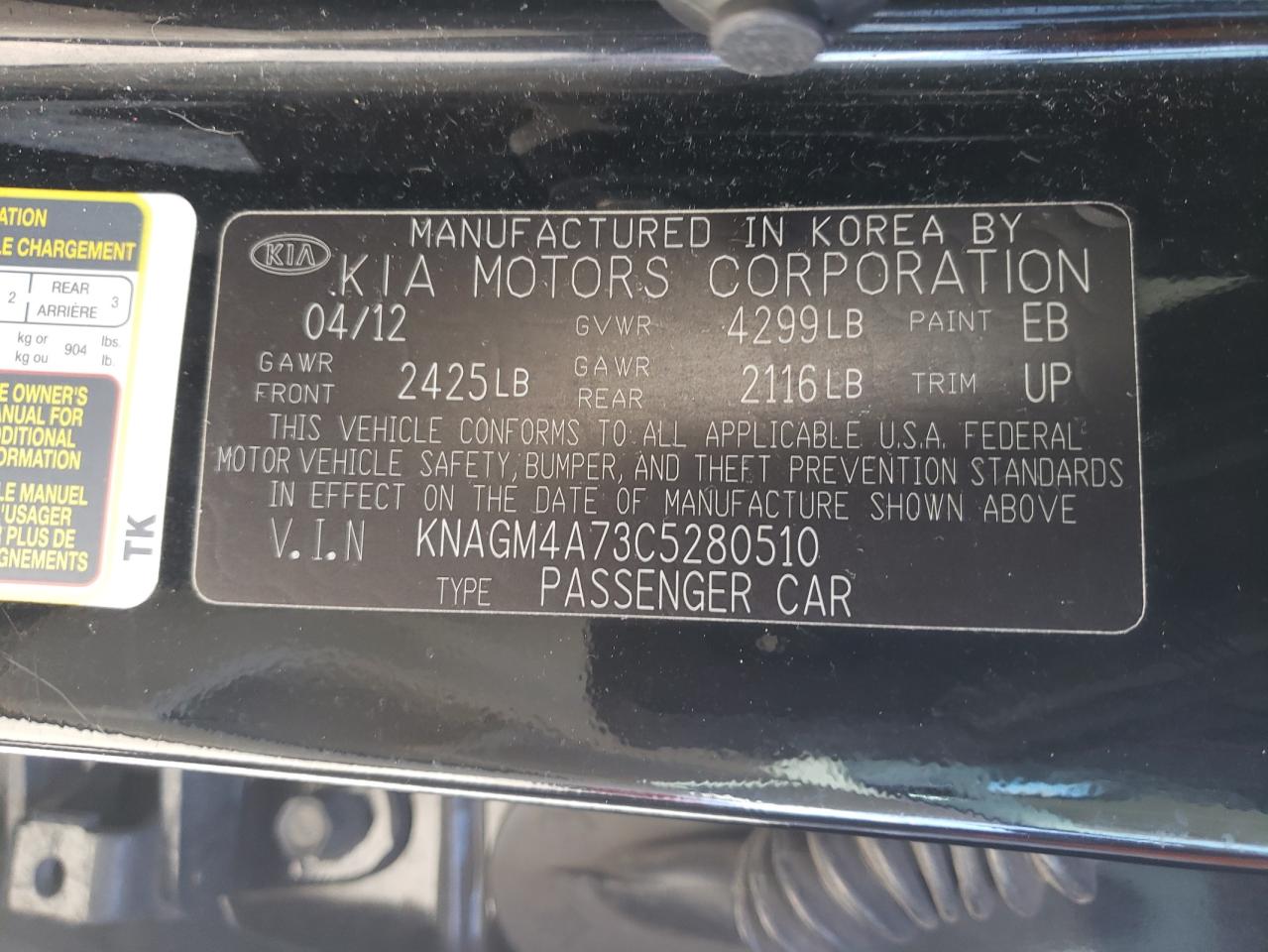 Photo 10 from auction – 2012 KIA OPTIMA LX with VIN KNAGM4A73C5280510