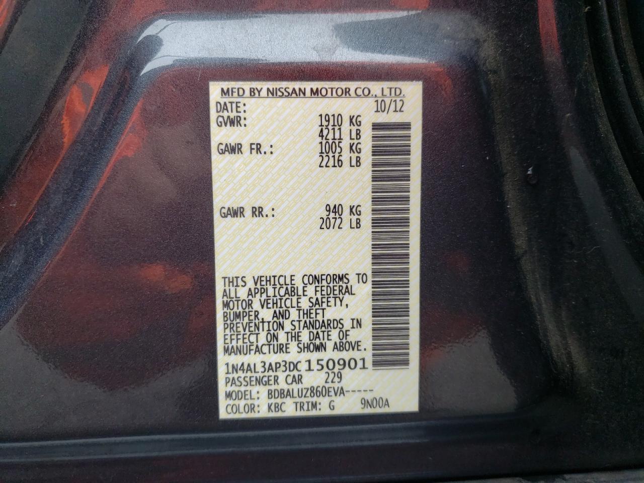 Photo 10 from auction – 2013 NISSAN ALTIMA 2.5 with VIN 1N4AL3AP3DC150901