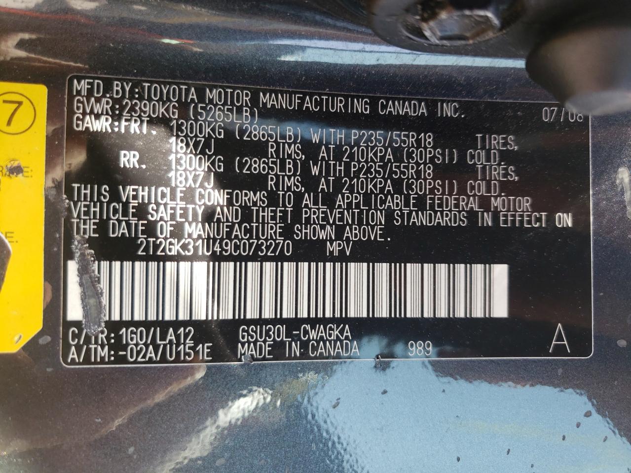 Photo 10 from auction – 2009 LEXUS RX 350 with VIN 2T2GK31U49C073270